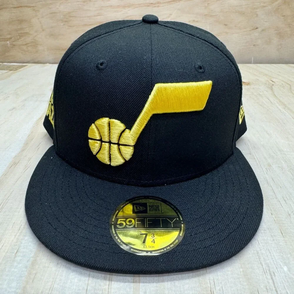 NEW Utah Jazz New Era Black 59FIFTY Fitted Hat Cap Black Yellow sz 7 3/4